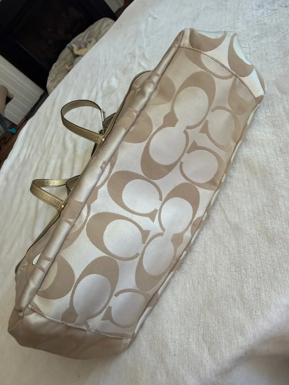Vintage  Coach Beige Signature Graffiti Sateen Tote/Diaper Bag with Gold Trim